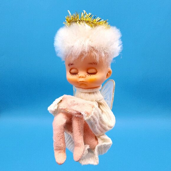 Vintage 1950s Shabby Pixie Angel Ornament Felt Knee Hugger Tinsel Sleepy Eyes - Picture 2 of 9